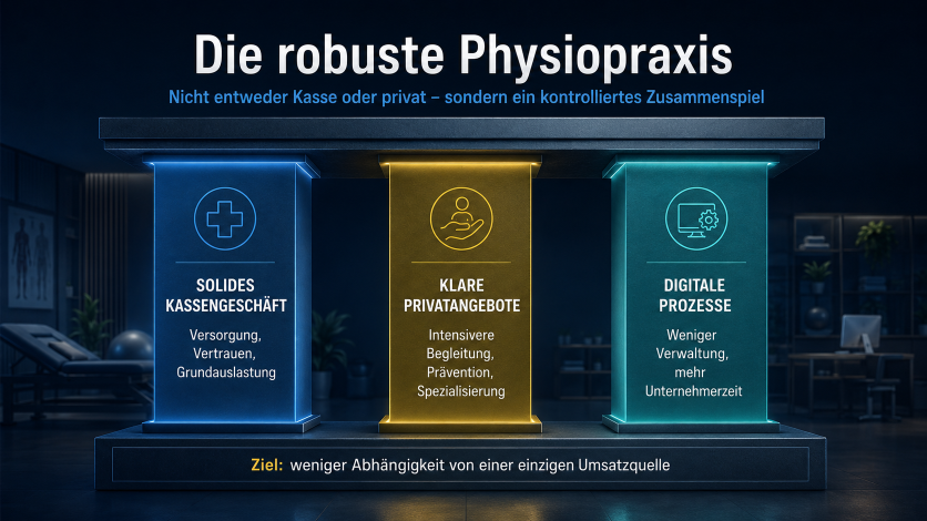 Drei Säulen der robusten Physiopraxis: Kassensysteme, Privatangebote, digitale Prozesse.