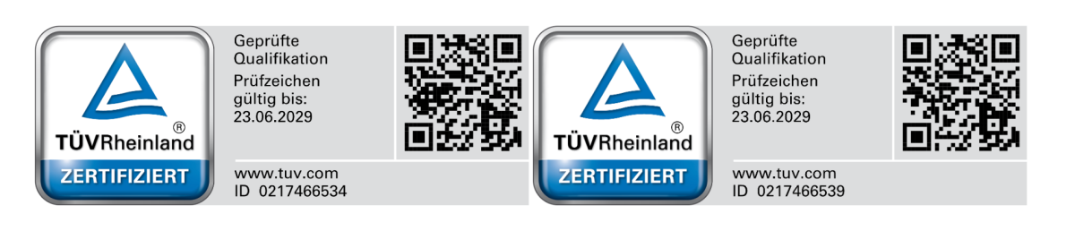 Das TÜV Rheinland Zertifikat zeigt die Zertifizierung für Qualität und Fachkompetenz.