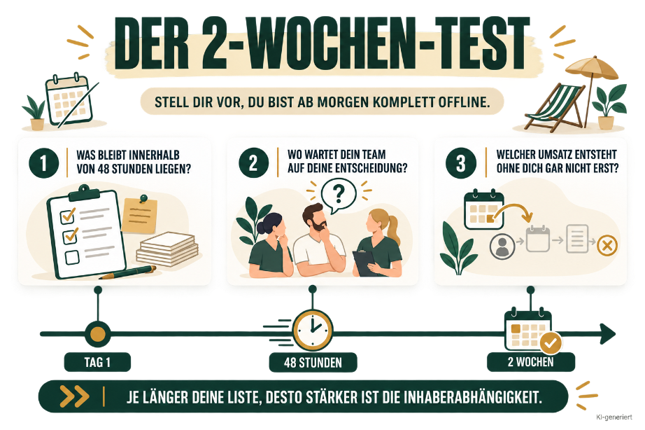 Infografik zum 2-Wochen-Test zur Inhaberabhängigkeit in der Praxis.