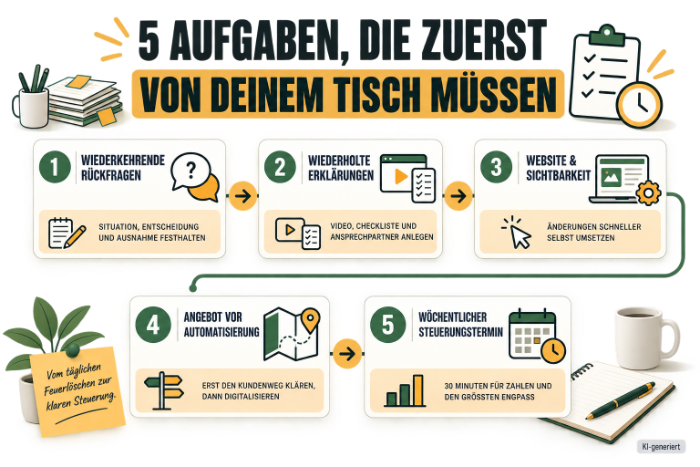 Infografik mit 5 Aufgaben, die zuerst von deinem Tisch müssen, für effizientes Praxismanagement.
