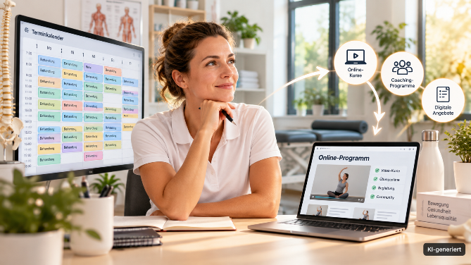Patientin denkt über Online-Programme für Therapie-Praxen nach.