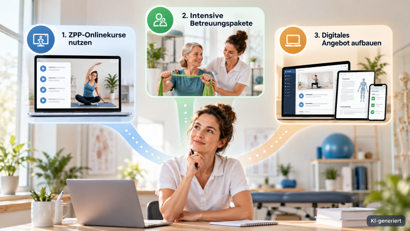 Eine Frau überlegt, wie sie zusätzliche Einnahmequellen durch Onlinekurse, Betreuungspakete und digitale Angebote gestalten kann.