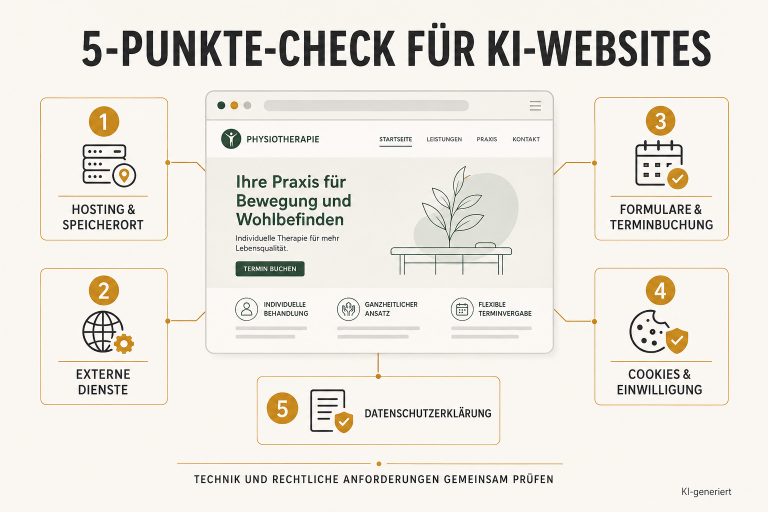 Grafik zeigt den 5-Punkte-Check für KI-Websites, inklusive Hosting und Datenschutz.