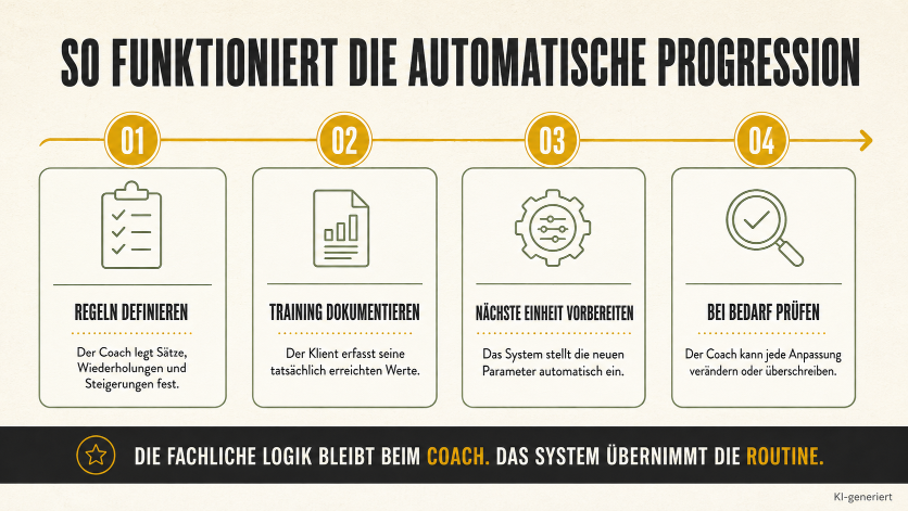 Grafik zur automatischen Progression für Physiopraxen in Coaching-Programmen.
