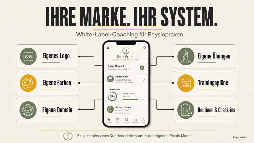 Übersicht der White-Label-Coaching-App für Physiopraxen mit eigenen Markenoptionen.
