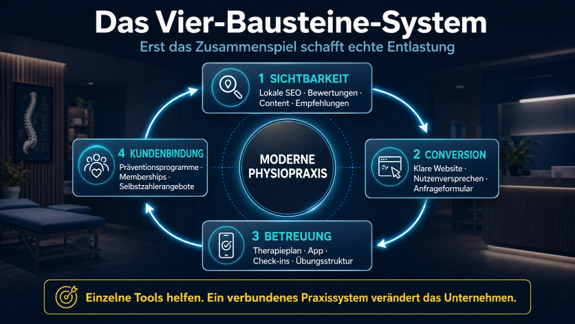 Das Vier-Bausteine-System für moderne Physiopraxen und deren Entlastung.