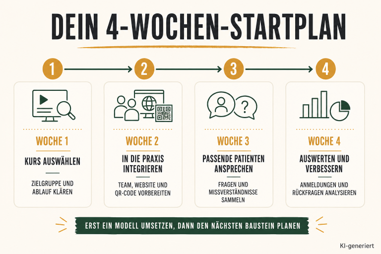 Infografik zum 4-Wochen-Startplan für die Physiopraxis mit konkreten Schritten.