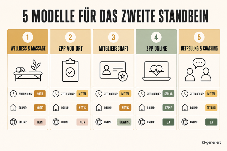 Infografik zu den 5 Modellen für das zweite Standbein in der Physiotherapie.