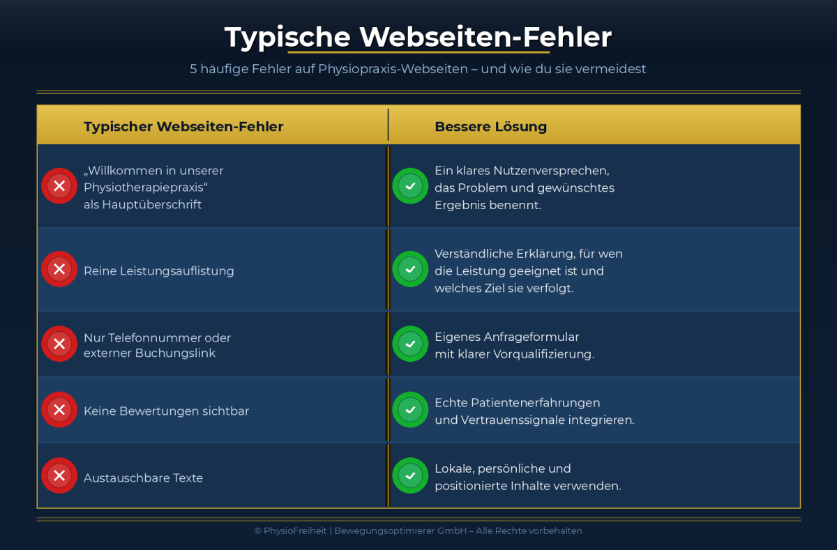 Übersicht typischer Webseiten Fehler für Physiopraxen und deren Lösungen.