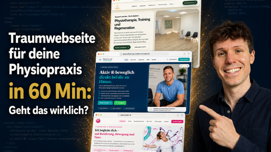 Junger Mann zeigt auf eine Traumwebseite für die Physiopraxis in 60 Minuten.