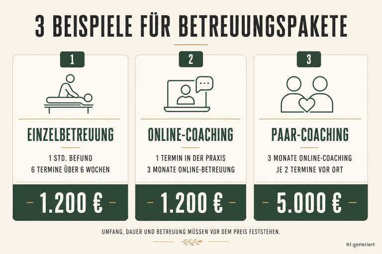 Drei Beispiele für Selbstzahlerangebote in der Praxis: Einzelbetreuung, Online-Coaching, Paar-Coaching.