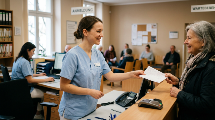 Ruhige Rezeption trotz vollem Wartezimmer – wenn Routineanfragen aufgefangen werden.