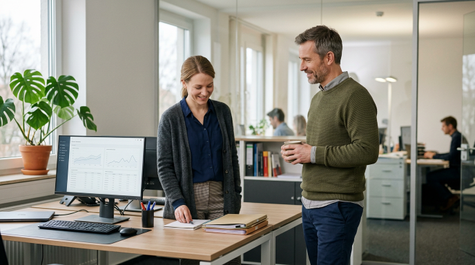 Zwei Personen führen eine Besprechung über Automatisierung im Mittelstand im Büro.