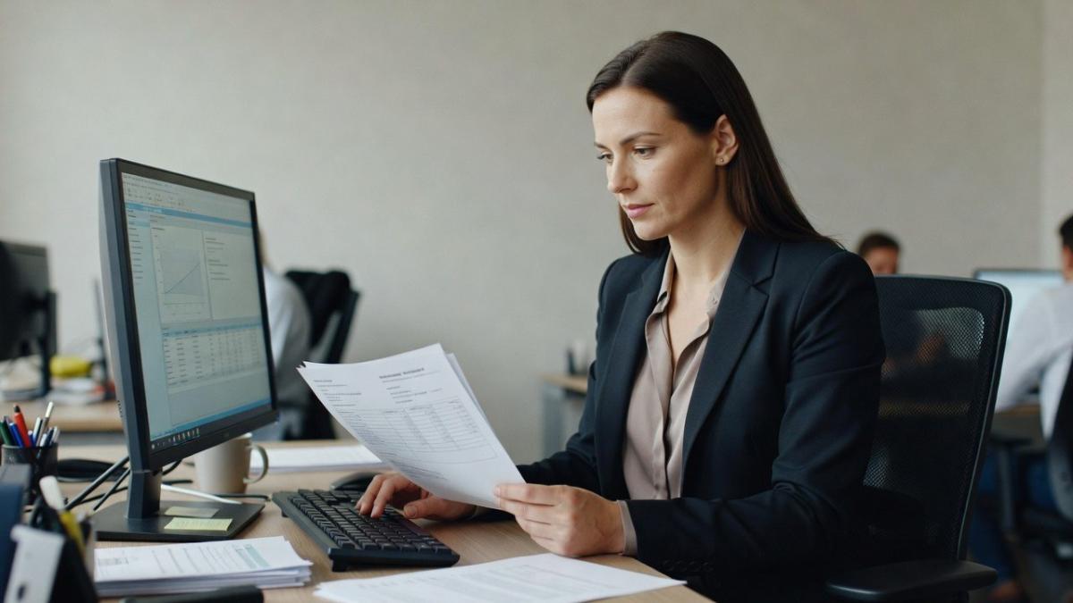 Mitarbeiterin im Büro analysiert Rechnungen und fragt sich zur Automatisierung im Mittelstand.