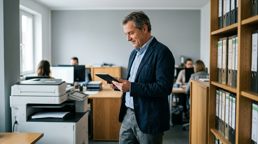 Mitarbeiter im Büro überprüft Dokumente auf einem Tablet zur Digitalisierung im Mittelstand.