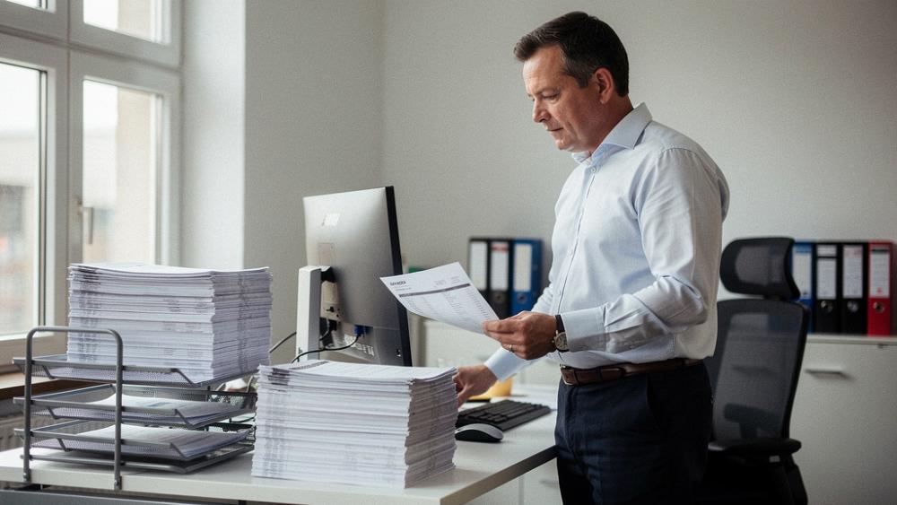 Mitarbeiter prüft Rechnungen auf einem Schreibtisch mit digitalisierten Prozessen im Mittelstand.