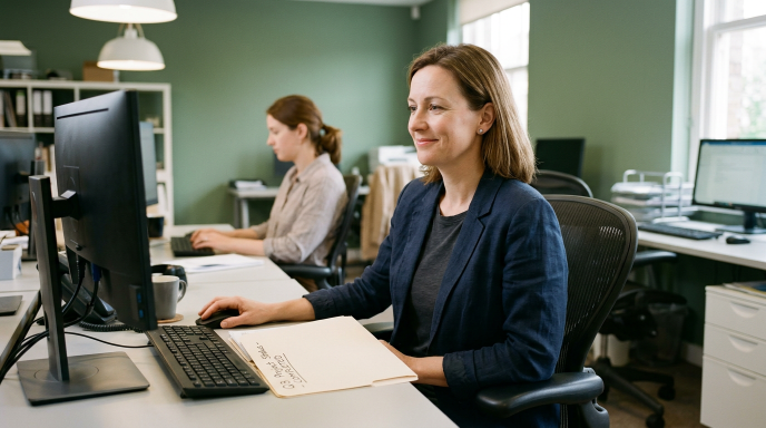Mitarbeiterin arbeitet am Computer im Büro und beachtet den EU AI Act.