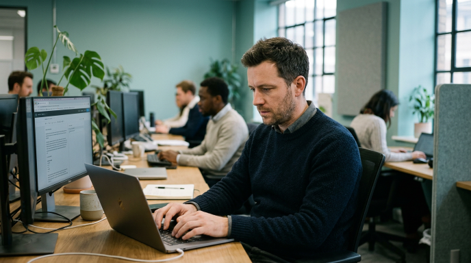 Mitarbeiter bei der Arbeit am Computer im Rahmen des EU AI Act.