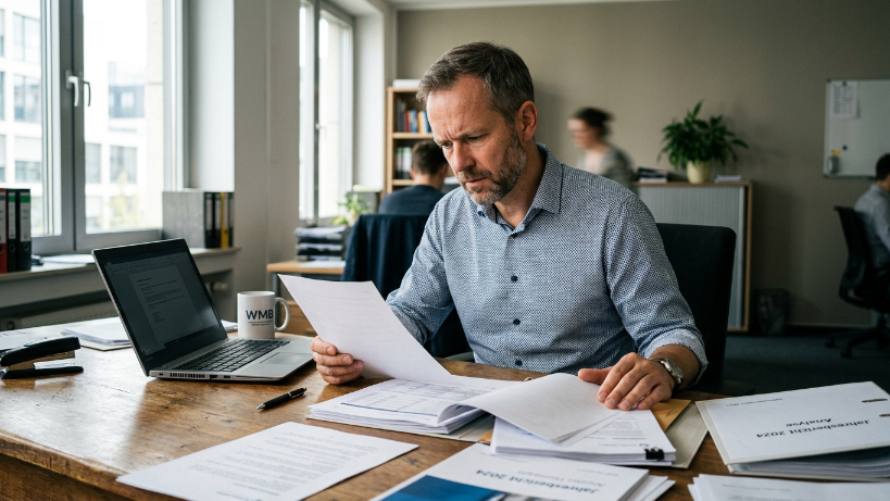Mann in einem Büro analysiert Dokumente zum EU AI Act.