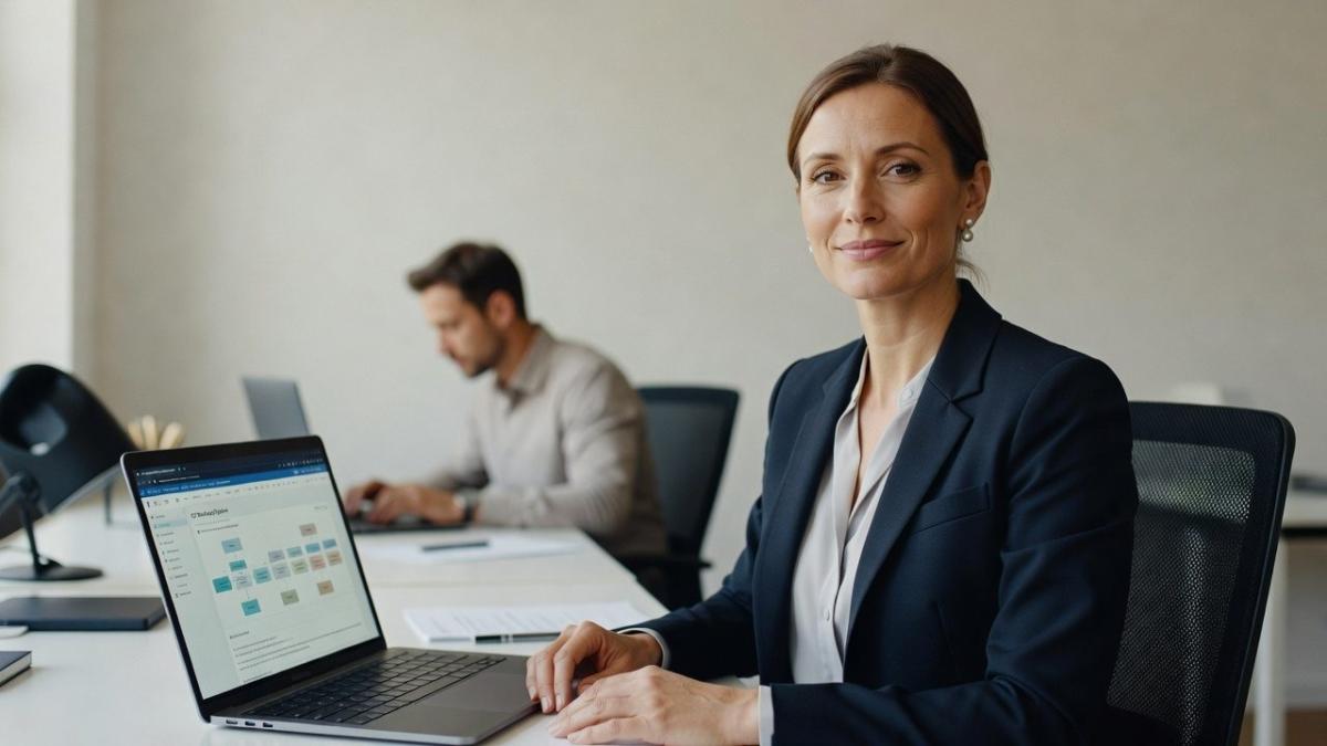 Frau am Tisch mit Laptop, wichtiges Thema Rechnungsautomatisierung im Mittelstand.