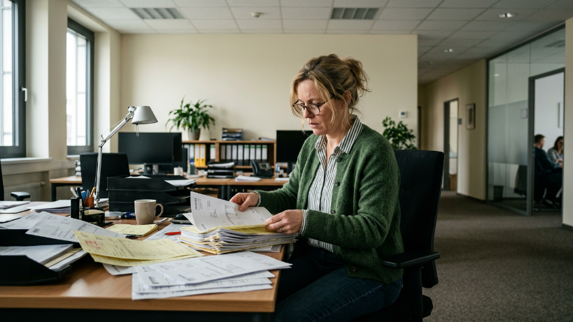 Frau im Büro sortiert Rechnungen zur Rechnungsautomatisierung im Mittelstand.