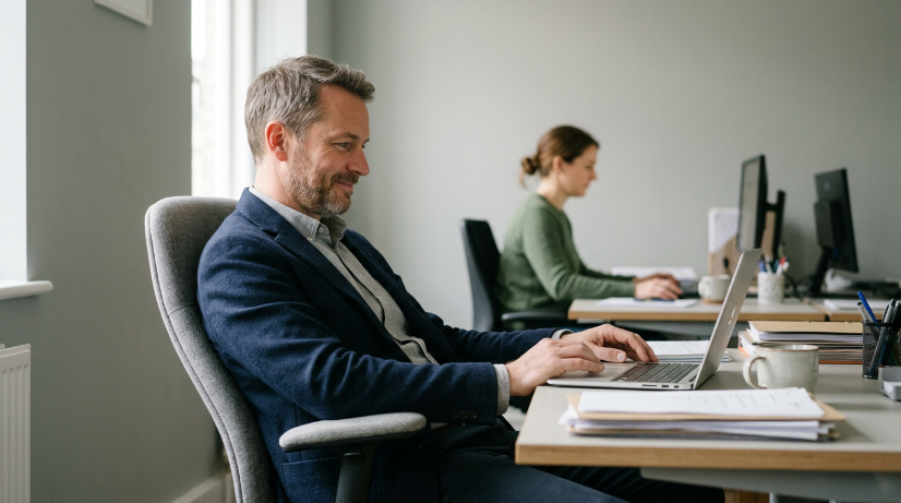 Mitarbeiter im Büro arbeitet am Laptop zu KI-Sicherheitslücken.