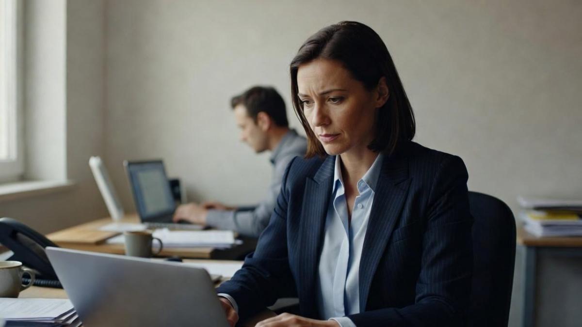 Eine Frau arbeitet konzentriert am Laptop in einem Büro, das Thema ist Prompt Injection in Unternehmen.