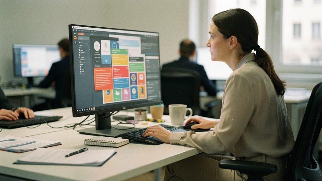 Eine Mitarbeiterin arbeitet an einem Computer mit KI-Tools zur Governance.