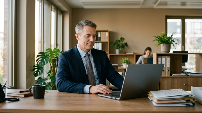 Ein Geschäftsführer arbeitet am Laptop in einem modern eingerichteten Büro, wichtig für die KI-Governance.