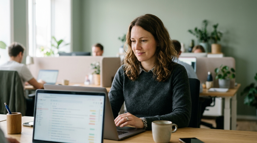Frau arbeitet am Laptop im Büro mit Pflanzen, Thema Künstliche Intelligenz Einsatz Mittelstand.
