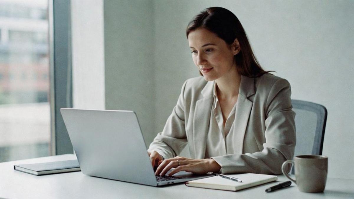 Eine Büromitarbeiterin arbeitet am Laptop zur Künstlichen Intelligenz im Mittelstand.