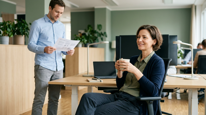 Eine Frau sitzt entspannt im Büro und diskutiert über Prozessautomatisierung im Mittelstand.