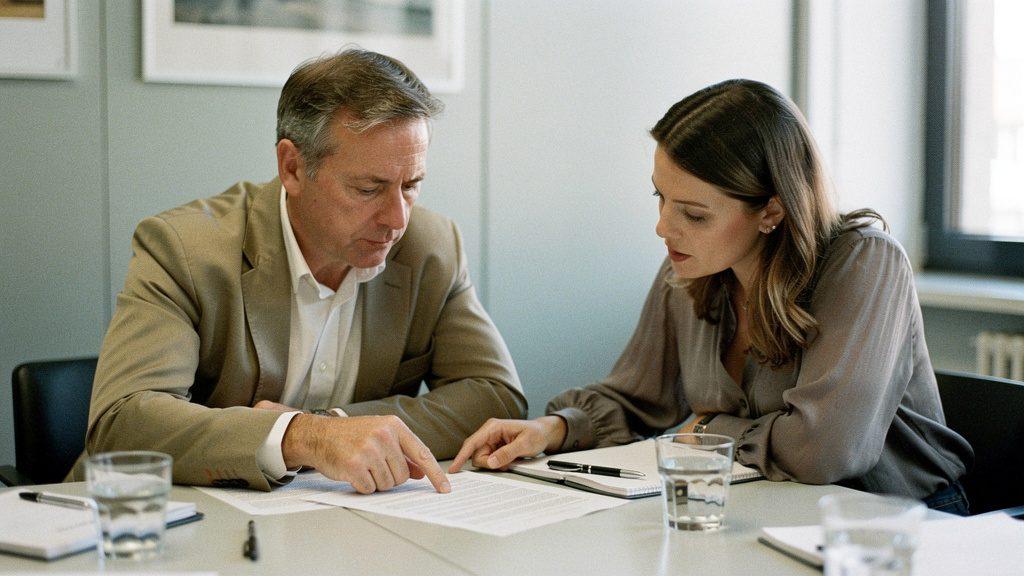 Zwei Personen diskutieren über Dokumente und Angebote mit KI-Bezug.