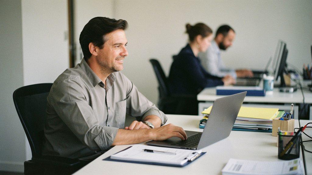 Mitarbeiter arbeitet am Laptop im Büro, KI für Unternehmen.