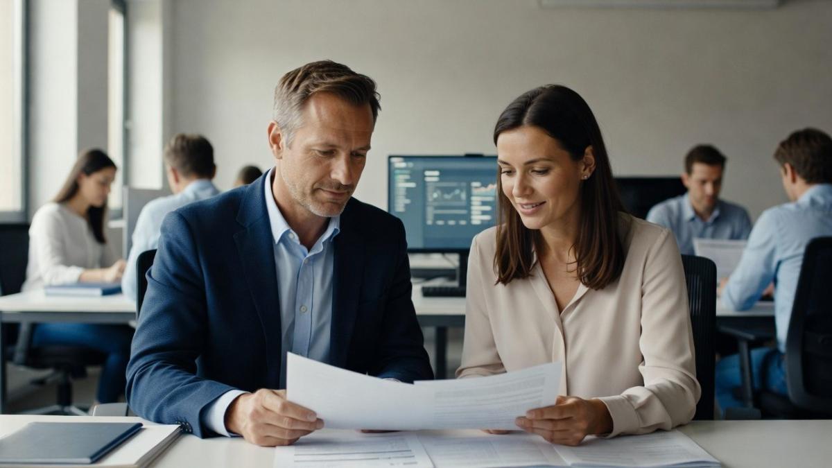 Mitarbeiter besprechen Dokumente zu KI-Projekten im Büro.