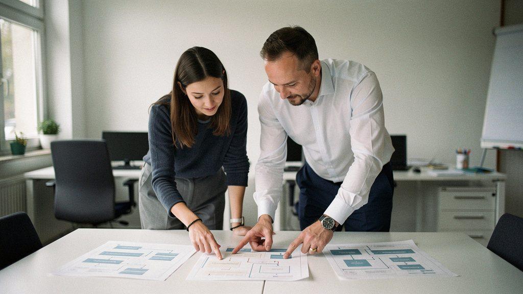 Mitarbeiter diskutieren über scheiternde KI-Projekte bei der Planung.
