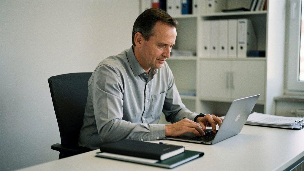 Ein Mitarbeiter am Laptop im Büro, der sich mit der KI-Chatbot Transparenzpflicht beschäftigt.