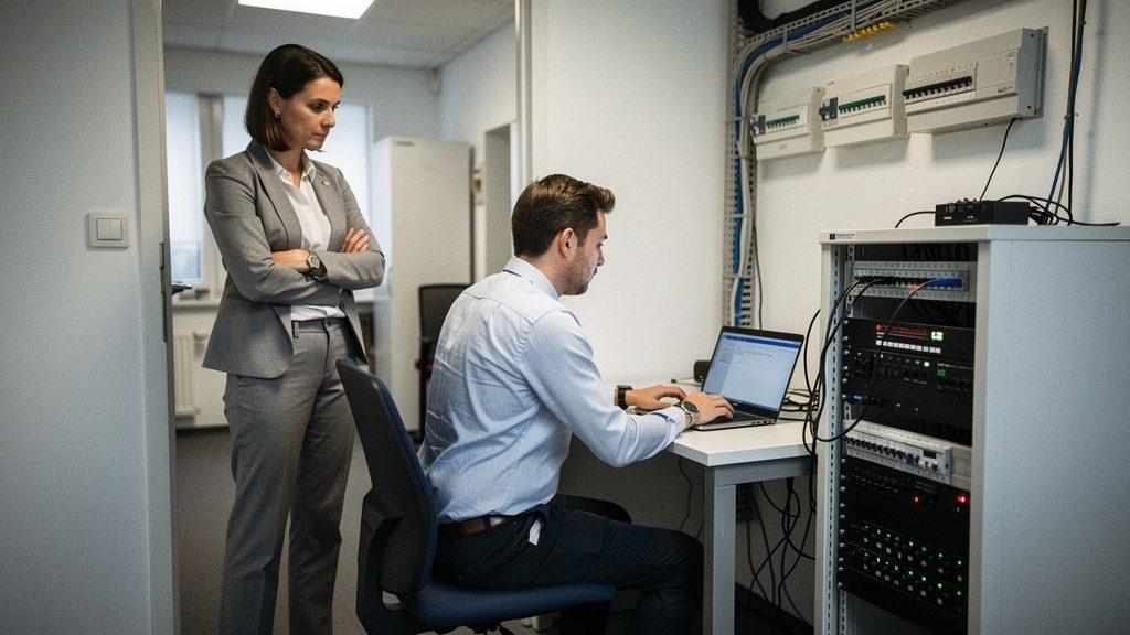 Technische Prüfung der KI-Sicherheit durch Mitarbeiter im Büro.