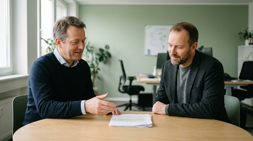 Zwei Männer diskutieren über KI-Sicherheit in Unternehmen am Tisch.