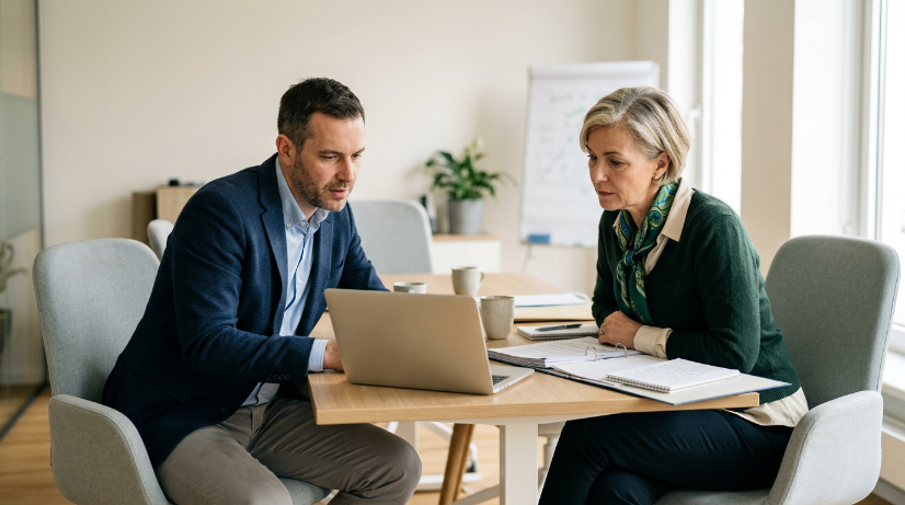 Zwei Mitarbeitende führen eine Besprechung am Arbeitsplatz über ChatGPT im Büro.