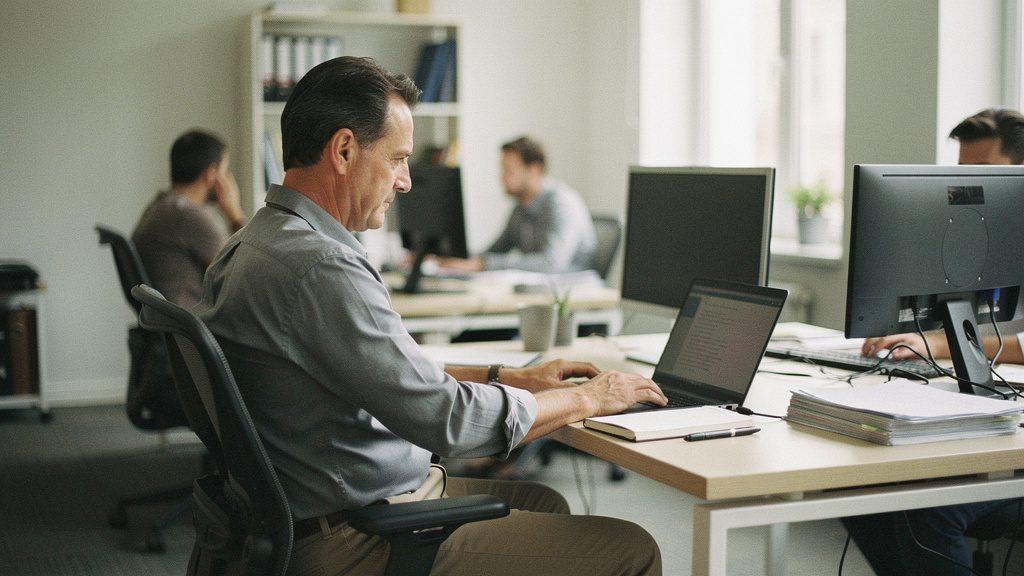 Arbeiter im Büro nutzt Laptop, was das Shadow AI im Mittelstand zeigt.