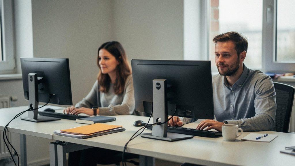 Zwei Mitarbeiter arbeiten am Computer im Büro zur KI im Mittelstand.