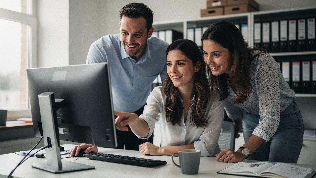 Ein Team im Büro betrachtet gemeinsam einen Computerbildschirm im Kontext von KI im Mittelstand.