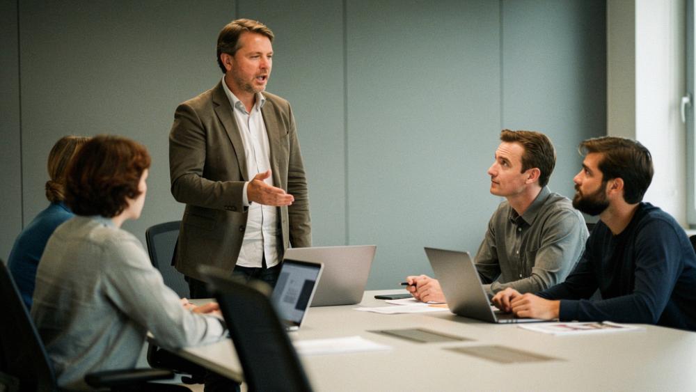 Ein Team im Meeting diskutiert über KI im Mittelstand.