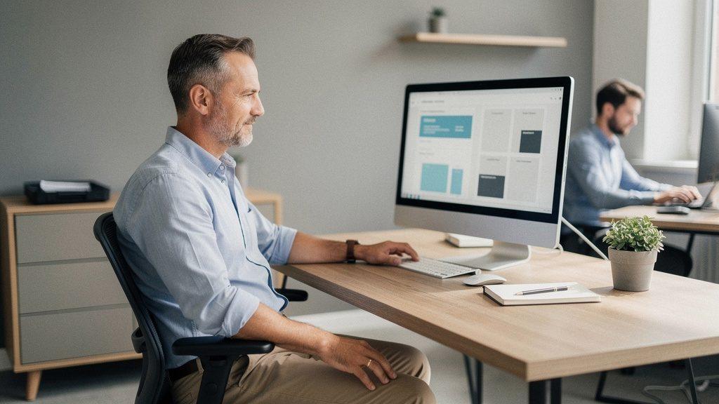 Ein Arbeitnehmer analysiert KI-Kosten am Computer in einem modernen Büro.