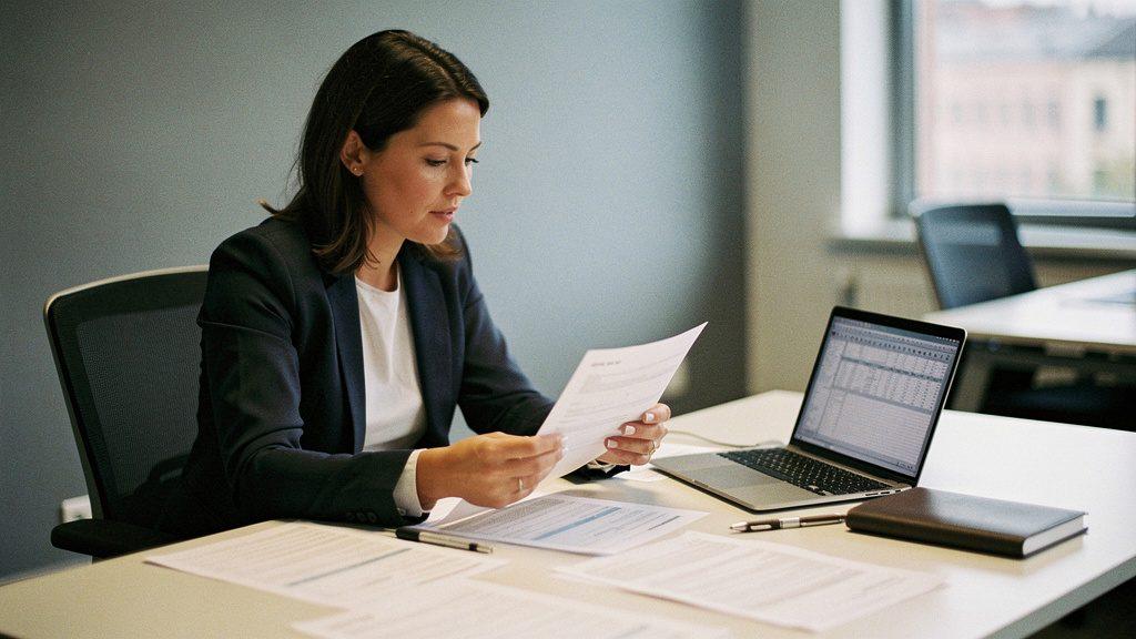 Frau analysiert Dokumente im Büro, um KI Kosten zu kontrollieren.