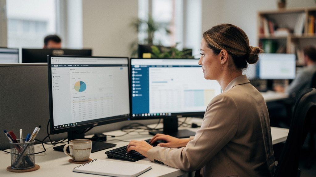 Frau am Arbeitsplatz analysiert Daten zur KI im Vertrieb auf mehreren Monitoren.