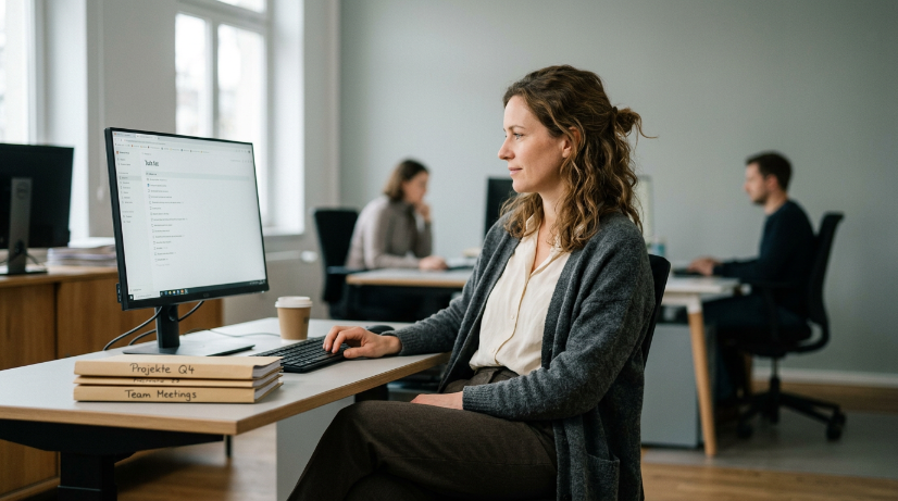 Eine Frau arbeitet am Schreibtisch mit Computer, das zeigt KI im Vertrieb.