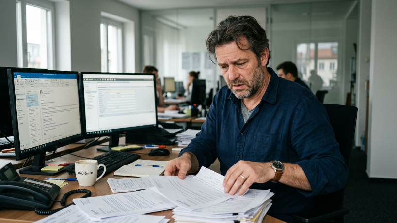 Mann am Arbeitsplatz mit Papieren, der über KI im Vertrieb nachdenkt.