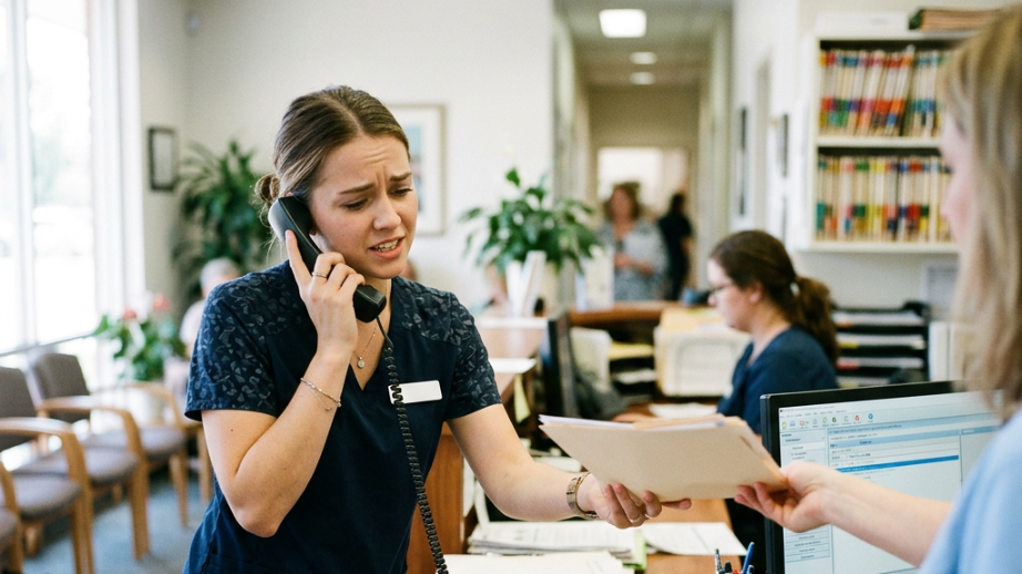 Zwischen Telefon und Behandlungszimmer — MFA im Dauerspagat zwischen Anruf und Patienten.